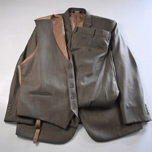 Caravelli 46R 36x29 Tan Green Brown Super 150s 3 Piece Vest Mens Suit